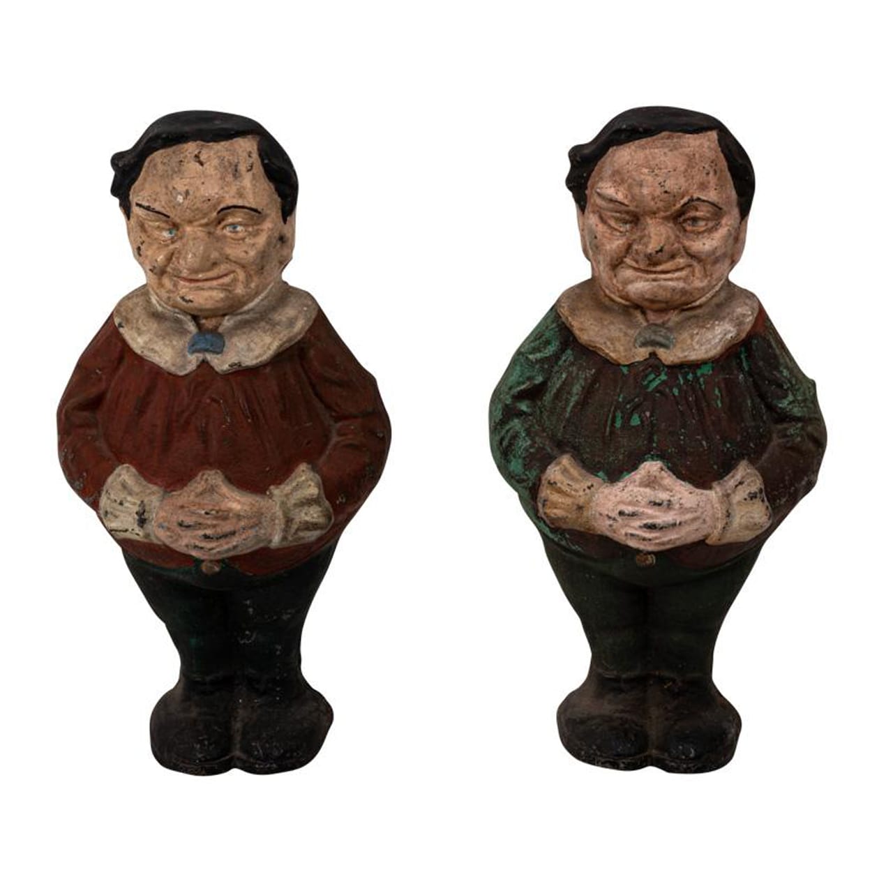 Pair of Painted Polychrome Cast Iron Andirons of Tweddle Dee and Tweddle Dum