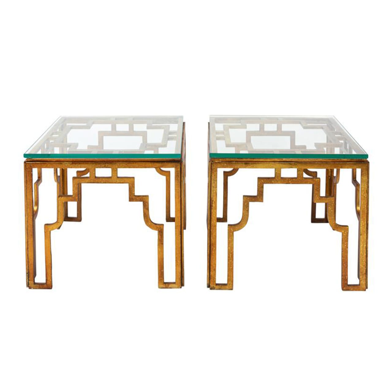 Mid-Century Modern Style Gilded Wrought Iron and Glass Side Tables