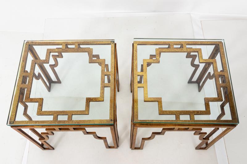 Mid-Century Modern Style Gilded Wrought Iron and Glass Side Tables
